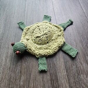 Handmade Knitted Turtle Baby Toy Green Gray Wooden Eyes